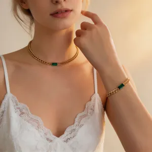 Exquisite titanium steel 18K gold emerald green stone necklace and bracelet jewelry set.