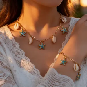Gold-tone starfish and shell pendant necklace bracelet set summer beach vacation jewelry.