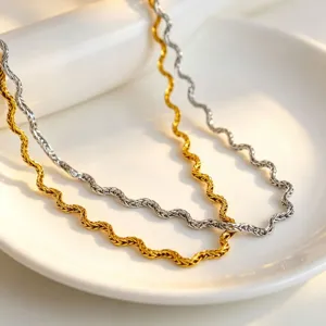 Stainless steel wave chain necklace set, gold and silver color versatile choker jewelry.
