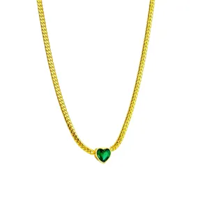 Gold tone snake chain necklace featuring a green heart zircon pendant for women daily chic style.