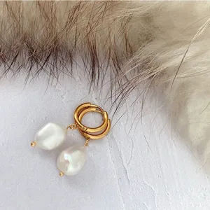 French Style Stainless Steel Gold Plated Hoop Earrings With Irregular Artificial Pearl For Women Simple Luxury Niche Design Jewelry
