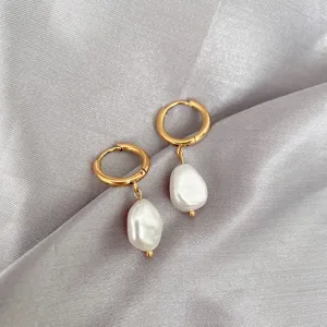 French minimalist stainless steel baroque pearl hoop earrings elegant drop jewelry for women