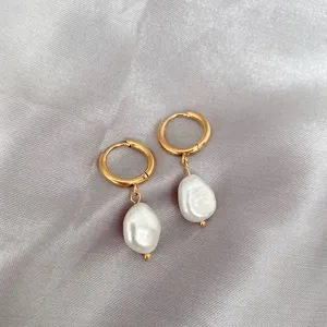 French stainless steel minimalist irregular pearl hoop earrings elegant versatile women jewelry