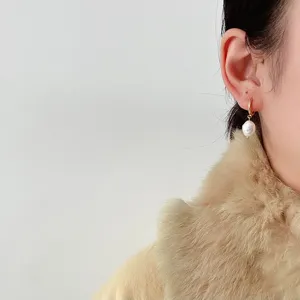 French minimalist stainless steel irregular pearl hoop earrings, elegant gold jewelry.