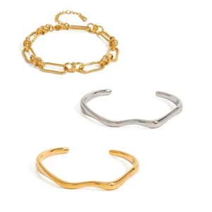 Stainless steel bracelet set featuring a gold chain and wavy open cuff bangles for women.