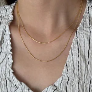 Detailed close-up shot of a delicate double layer gold snake chain necklace worn.