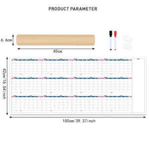 Large DIY wall calendar dimension diagram showing 100x42cm size, packaging tube and markers.