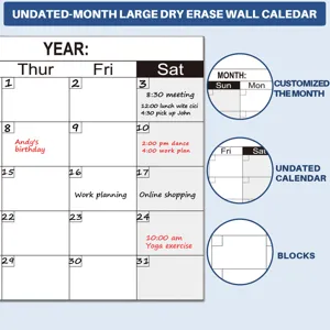 Gran calendario de pared borrable en seco con cuadrícula mensual sin fecha para planificación.