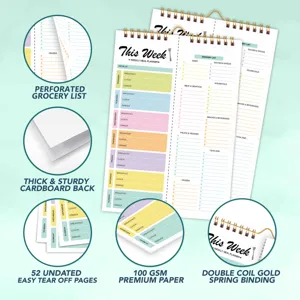 Weekly meal planner pad with grocery list, 52 tear-off pages, 100gsm paper, spiral bound.