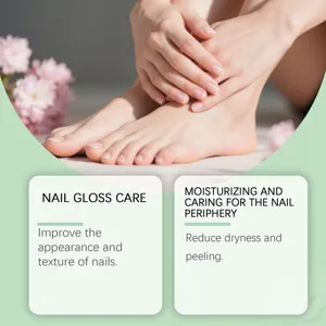 Vue détaillée du liquide de soin des ongles, hydratant et nourrissant les ongles secs.