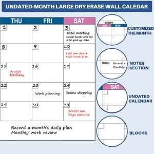 Large dry erase wall calendar detail showing custom monthly blocks and notes section features.