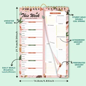 Weekly meal planner pad with daily menu sections, grocery list, and 21.7x14.8cm size.
