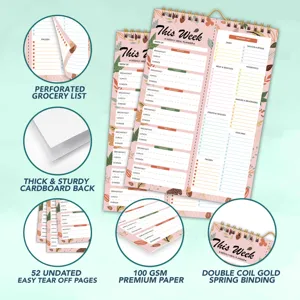 Weekly meal planner detail showing perforated grocery list, thick cardboard back and gold coil.