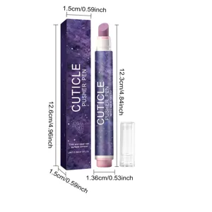 Cuticle pusher pen detail view showing purple galaxy packaging and size dimensions.