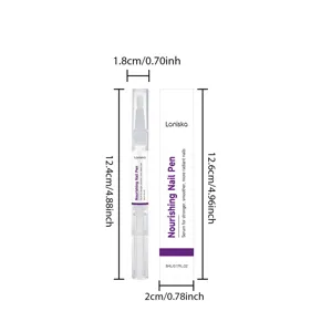 Vue détaillée montrant les dimensions et l'emballage du stylo à ongles nourrissant.