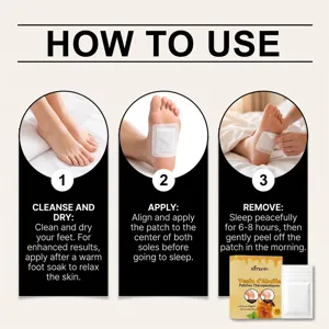 Détails des patchs pour pieds au venin d'abeille XIMONTH avec des étapes d'utilisation.