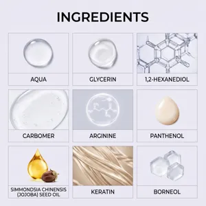 Infographie détaillée présentant 9 ingrédients cosmétiques clés comme l'huile de jojoba.