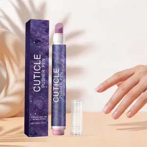 Cuticle pusher pen with purple marble design packaging for gentle nail care and cleaning detail