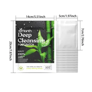 Detail view of ginger cleansing foot patch package and individual sachet with size dimensions.
