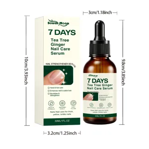 Detailed view of the 30ml tea tree and ginger nail care serum bottle and its packaging box.