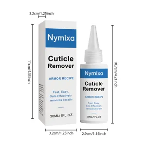 Detailed view of Nymixa cuticle remover bottle and box with size dimensions. 30ml capacity.