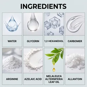 Detailed infographic showing cosmetic ingredients like water, glycerin, tea tree oil and allantoin.