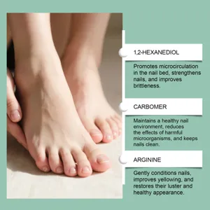 Nail care pen detail ingredient callout showing 1,2-hexanediol and soothing properties.