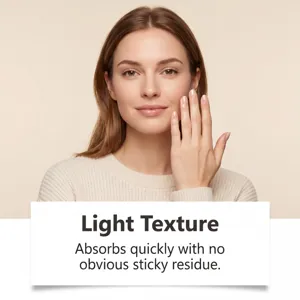 Detail view of nail care essence showing lightweight texture and fast absorption on hands.