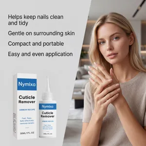 Nymixa cuticle remover detail view showing liquid bottle and package for hand and nail care.