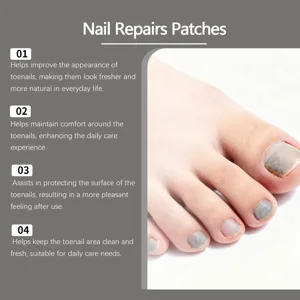 Detail view of toenail repair patches showing functional application and natural care results.