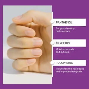 Detail view of nail care oil showing panthenol and glycerin ingredient benefits for nails.