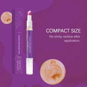 Close-up detail of the portable cuticle oil pusher pen in grape scent for nail care.