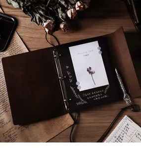Vintage brown leather DIY photo album scrapbook with loose leaf binder and black inner pages.