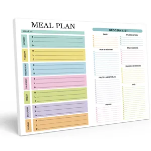 Magnetic weekly meal planner notepad with grocery list, daily meal tracking and organizer.
