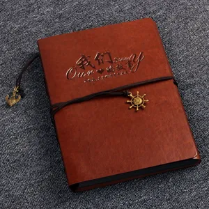 Vintage brown leather DIY photo album detail featuring anchor and helm metal pendants and cover.