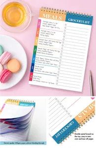 Weekly meal planner notepad with grocery list, top spiral bound 100gsm paper daily organizer