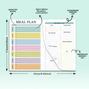 Weekly meal planner notepad with magnetic backing, grocery list pad 17.6x25cm for kitchen.