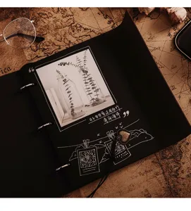 Black DIY photo album scrapbook for memories, handmade memory book with vintage inner pages.