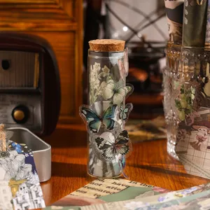 Vintage vlinder dagboek glazen fles set met mooie bloem stickers voor scrapbooking.