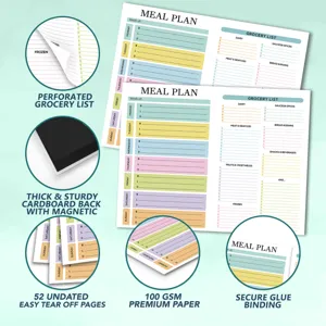 Weekly meal planner notepad feature detail showing magnetic back and perforated grocery list.