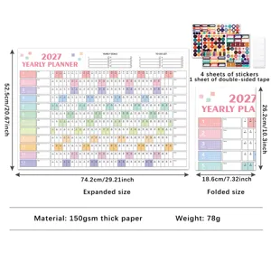 2027 yearly planner calendar with stickers and tape, expandable size 74.2x52.5cm paper.