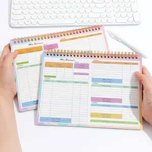 B5 financial budget planner notebook with spiral binding and detailed ledger interior pages.