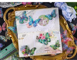 Detailed view of gilt butterfly waterproof PET stickers, perfect for scrapbooking, journaling, DIY.