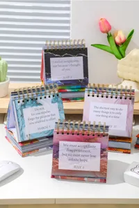 Detailed view of creative English daily desk calendar with inspirational quotes and spiral.