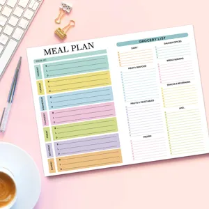 Weekly meal planner notepad with grocery list, magnetic fridge notepad for daily menu organization.