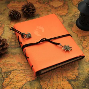 Close-up detail of orange leather DIY photo album with anchor charm and vintage map background.