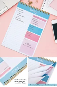 Minimalist daily planner notebook with top spiral binding and high quality 100gsm paper.