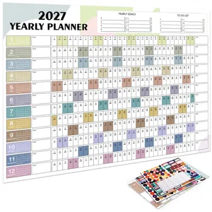2027 yearly planner wall calendar with goals list, to-do list and colorful planning stickers.