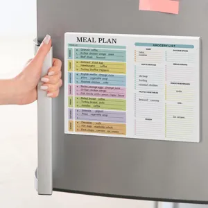 Close-up detail of magnetic weekly meal planner pad on refrigerator showing colorful sections.