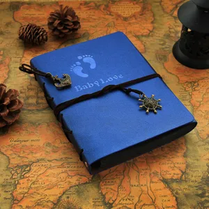 Leather DIY photo album detail view showing blue cover, baby footprints, and metal charms.